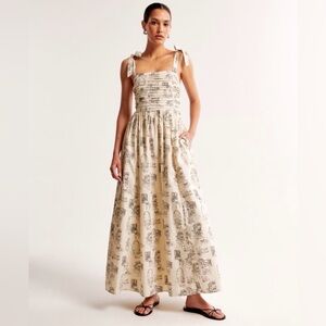 Abercrombie & Fitch Emerson Tie-Strap Midi Dress Cream & Black Toile Print